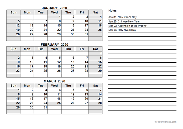 2020 Indonesia Quarterly Calendar Template