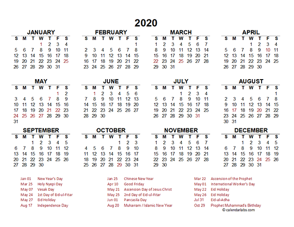 2020 Indonesia Yearly Calendar Template Excel Free Printable Templates