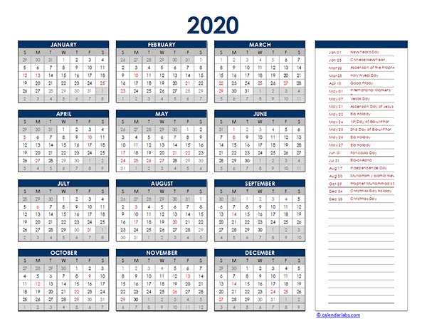 2020 Indonesia Yearly Excel Calendar