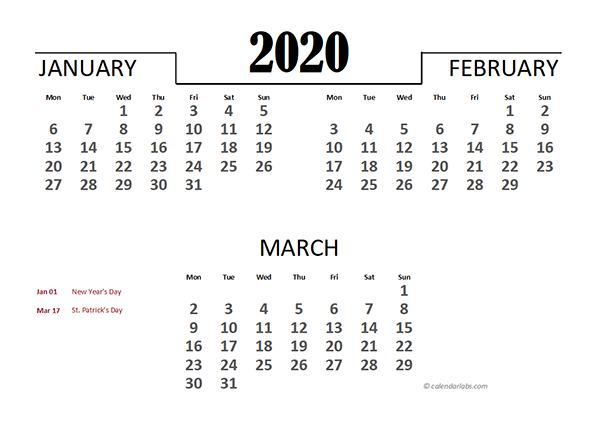 2020 Ireland Excel Quarterly Calendar