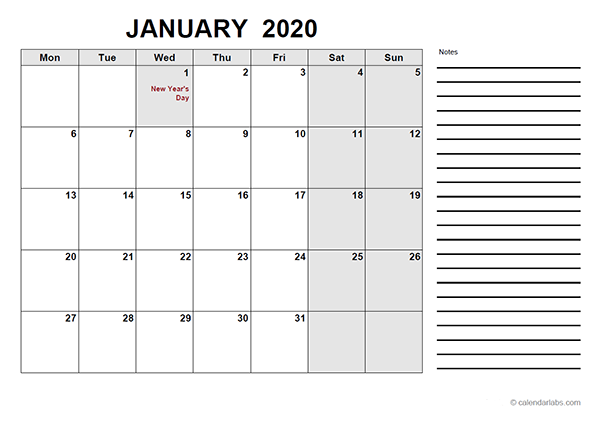 2020 Ireland Free Calendar PDF Template