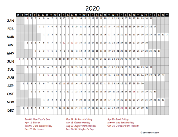 2020 Ireland Project Timeline Calendar