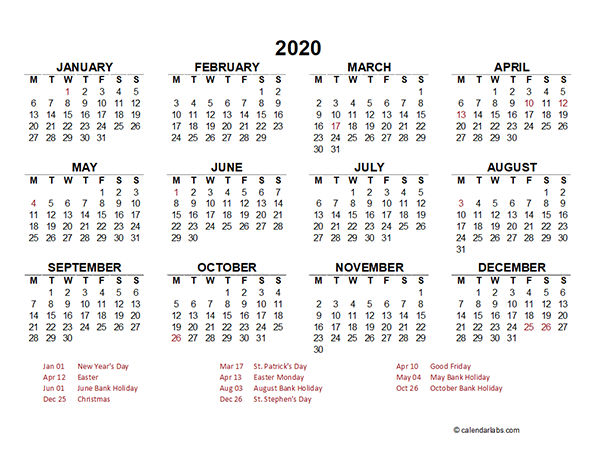 2020 Ireland Yearly Calendar Template Excel