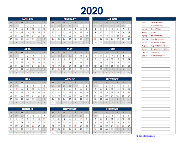 2020 Ireland Yearly Excel Calendar