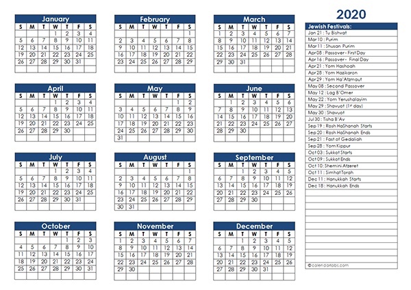 2020 Jewish Festivals Calendar Template