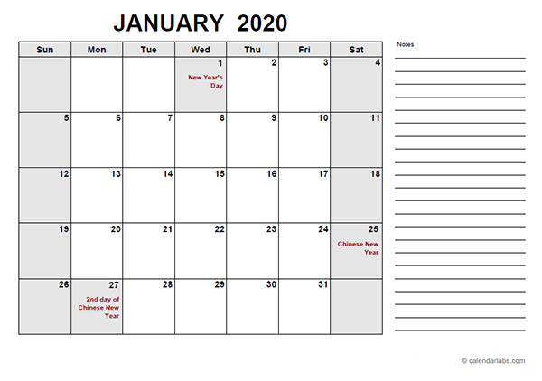 2020 Malaysia Free Calendar PDF Template