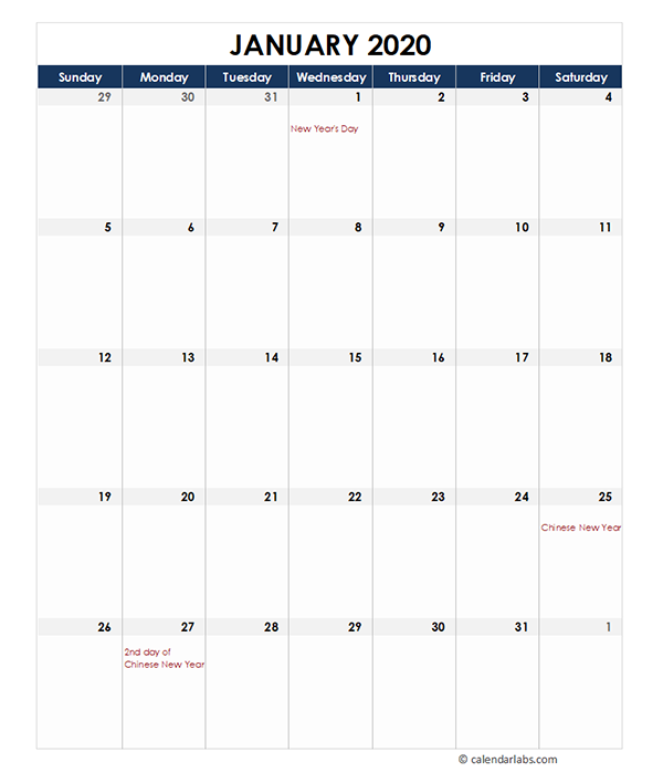 2020 Malaysia Monthly Excel Calendar