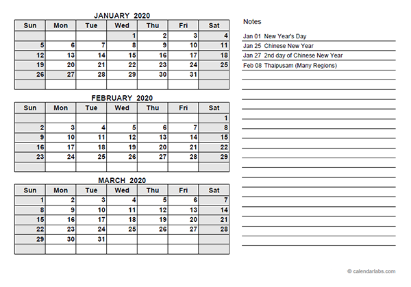 2020 Malaysia Quarterly Calendar Template