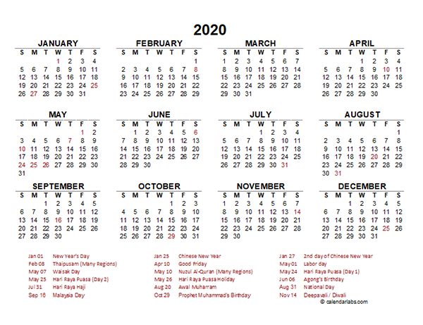 2020 Malaysia Yearly Calendar Template Excel