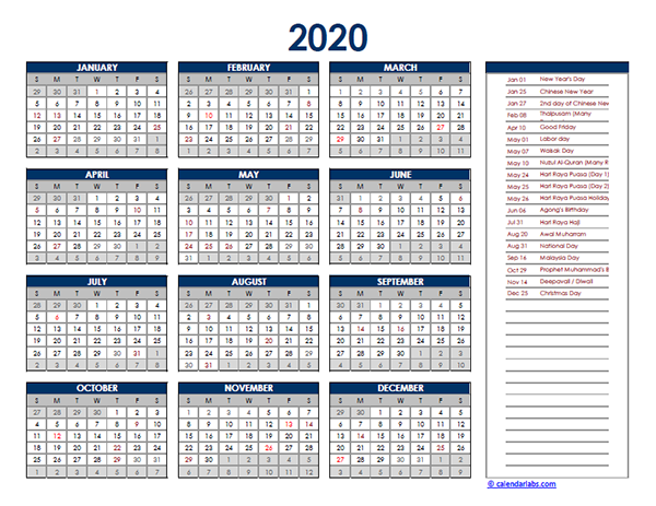 2020 Malaysia Yearly Excel Calendar