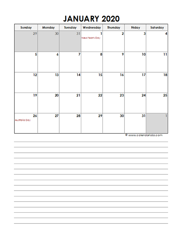 2020 Monthly Australia Calendar Template Free Printable