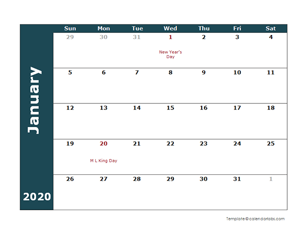 2020 Monthly Calendar Template