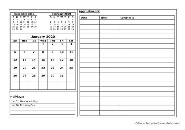 2020 Monthly Appointment Calendar