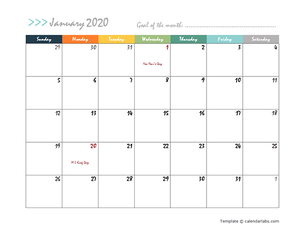 2020 Monthly Word Calendar Design