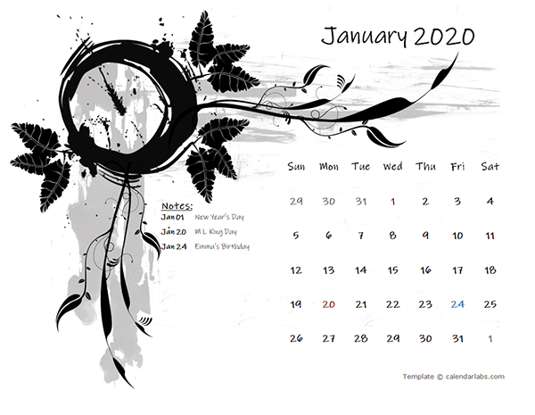 2020 Monthly Calendar Design Template