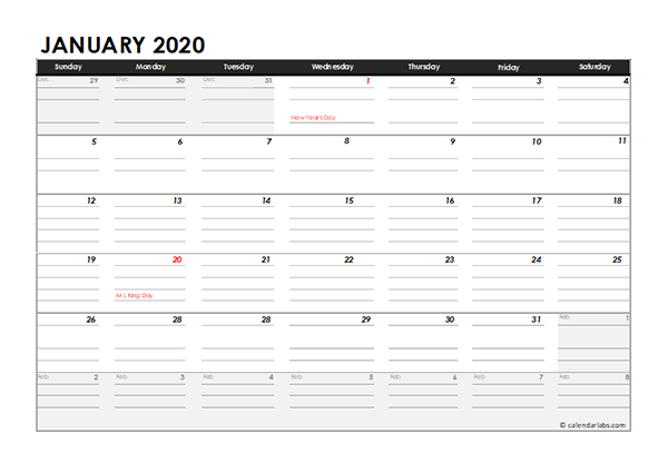 Editable 2020 Monthly Calendar Excel Template