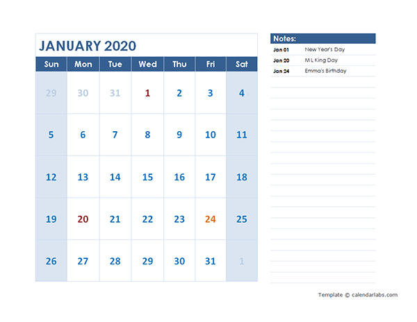 2020 Monthly Calendar Template Landscape