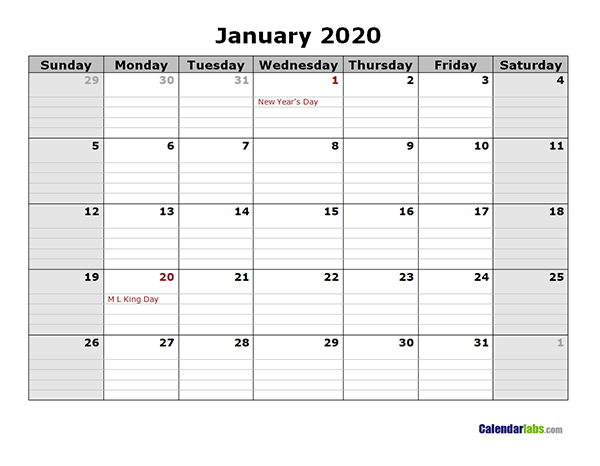 2020 Monthly Calendar with Daily Notes