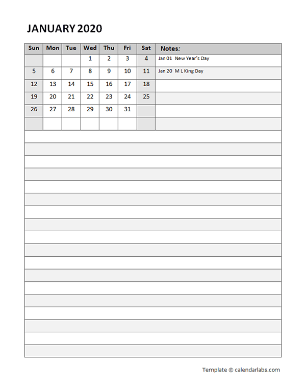 2020 Monthly Calendar Template Portrait