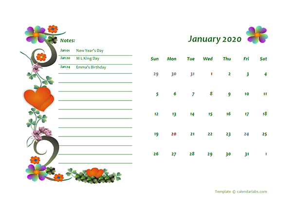 2020 Monthly Calendar Template Design