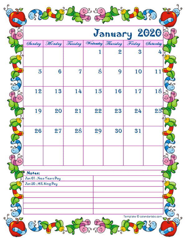 2020 Monthly Kid Kindergarten Calendar Template