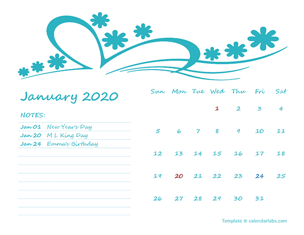 2020 Monthly Calendar Template Kindergarten