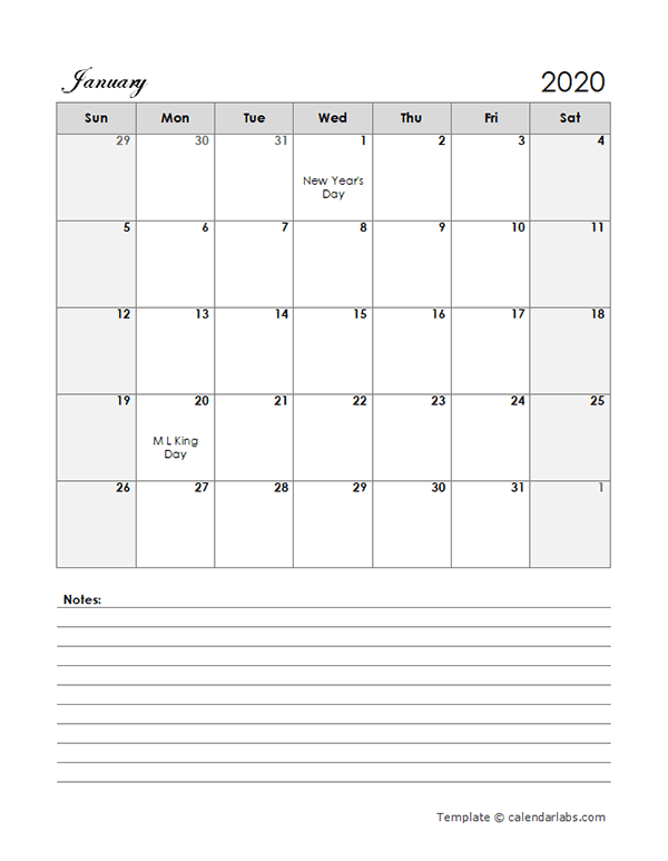 2020 Calendar Template Large Boxes Free Printable Templates