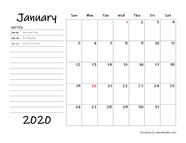 2020 Calendar Template with Monthly Notes