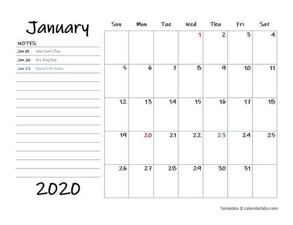 2020 Calendar Template With Monthly Notes Free Printable Templates