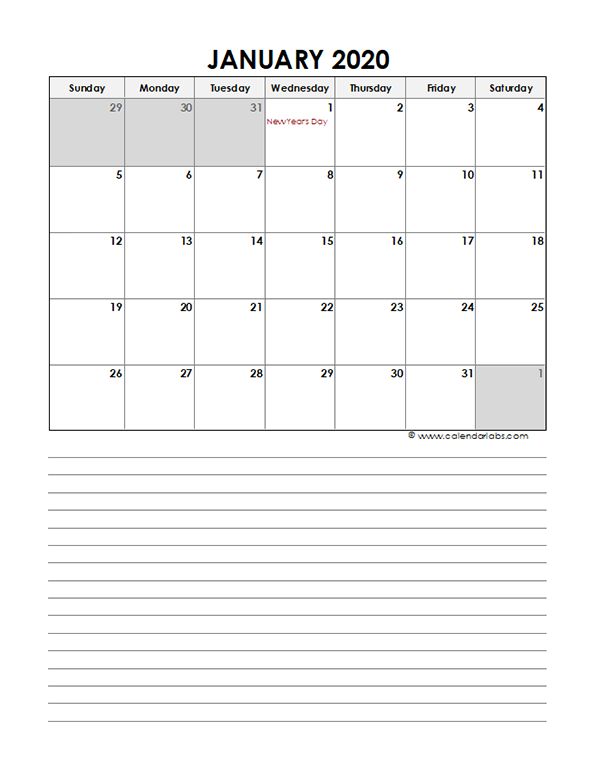 2020 Monthly Canada Calendar Template