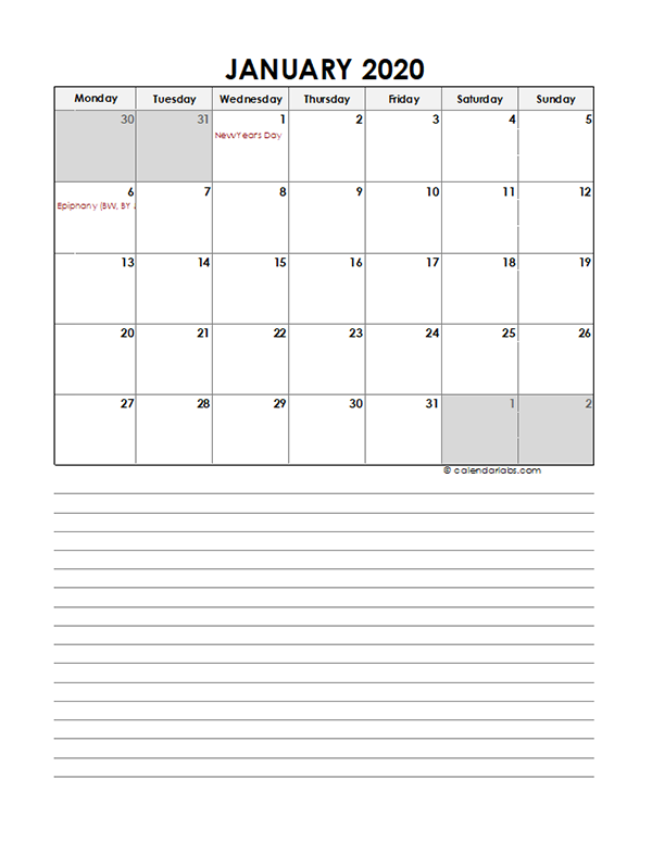 2020 Monthly Germany Calendar Template