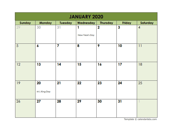 2020 Monthly Google Docs Calendar Template