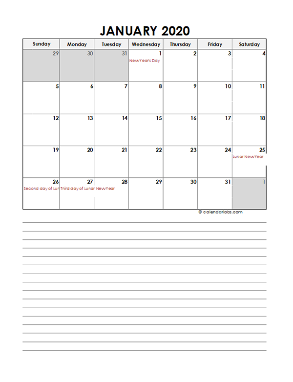 2020 Monthly Hong Kong Calendar Template