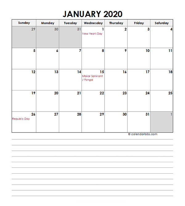 2020 Monthly India Calendar Template