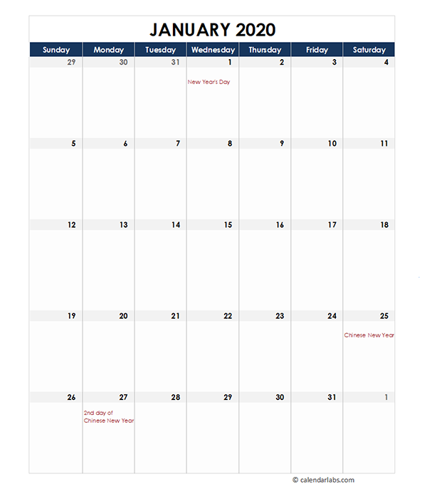 2020 Monthly Malaysia Calendar Template Free Printable