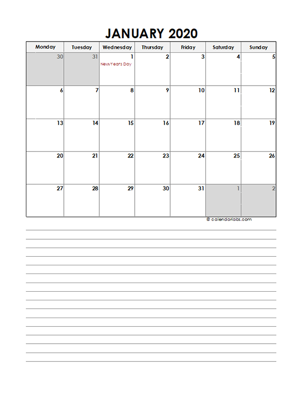 2020 Monthly Netherlands Calendar Template