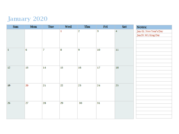 2020 Monthly OneNote Calendar