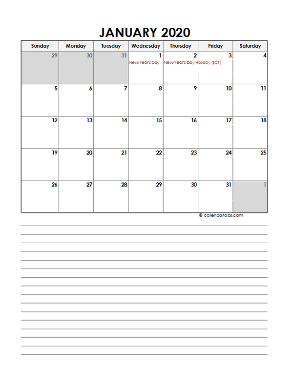 2020 Monthly Singapore Calendar Template