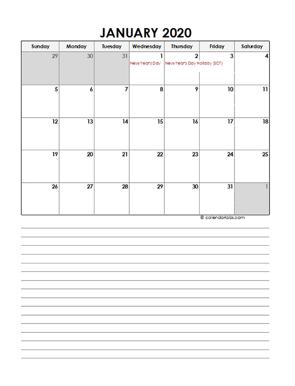 2020 Monthly South Africa Calendar Template