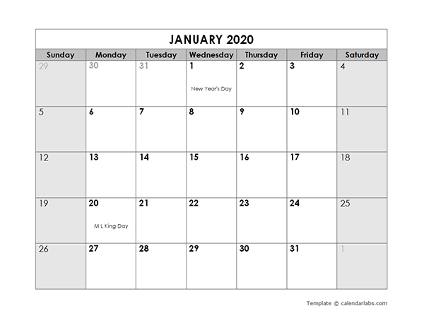 2020 Monthly Calendar with US Holidays