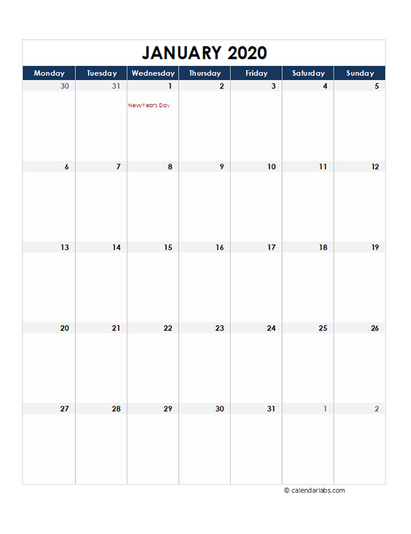 2020 Netherlands Monthly Excel Calendar