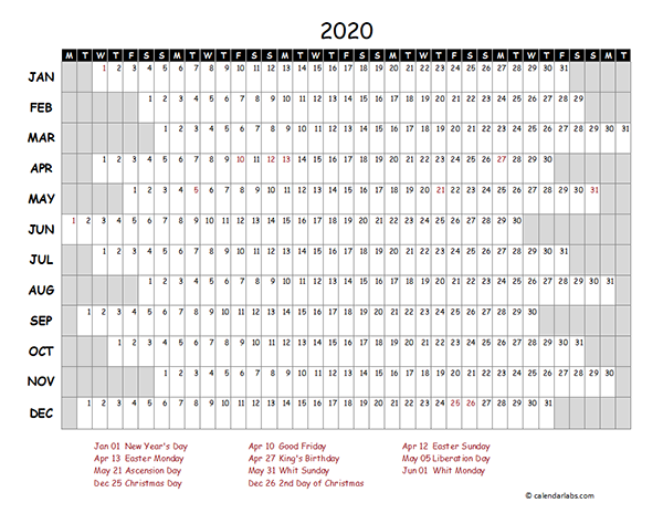 2020 Netherlands Project Timeline Calendar