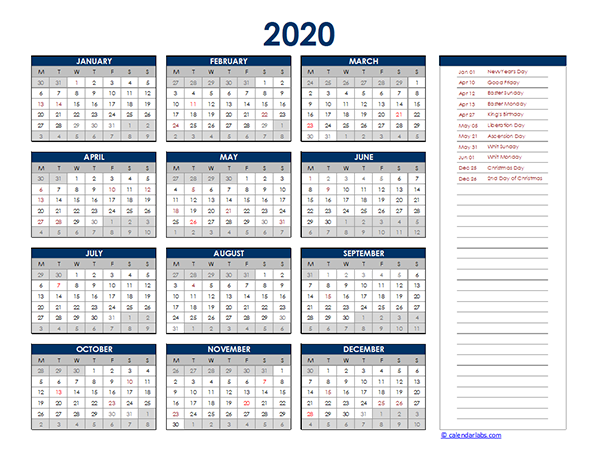 2020 Netherlands Yearly Excel Calendar