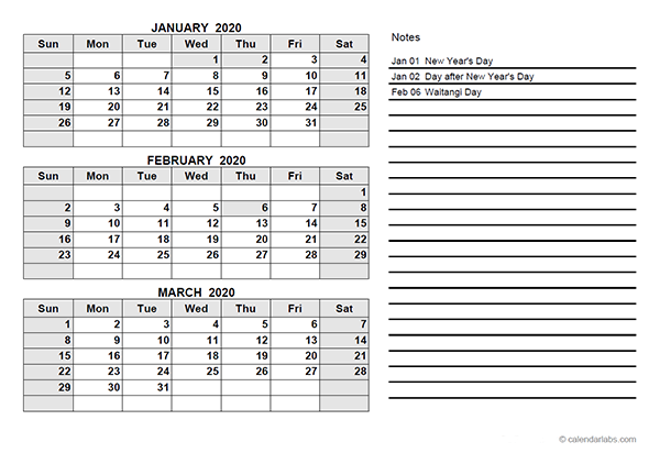 2020 New Zealand Quarterly Calendar Template