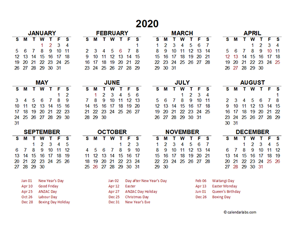 2020 New Zealand Yearly Calendar Template Excel