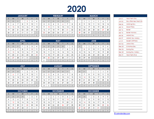 2020 New Zealand Yearly Excel Calendar