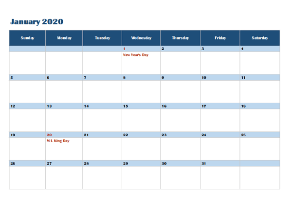 2020 OneNote Calendar Template