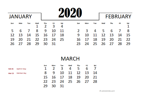 2020 Pakistan Excel Quarterly Calendar