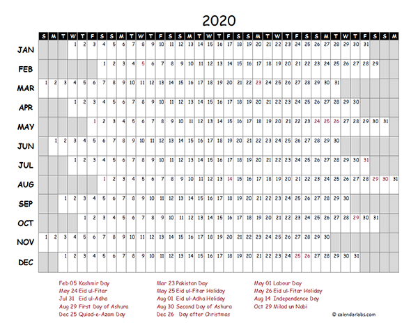 2020 Pakistan Project Timeline Calendar