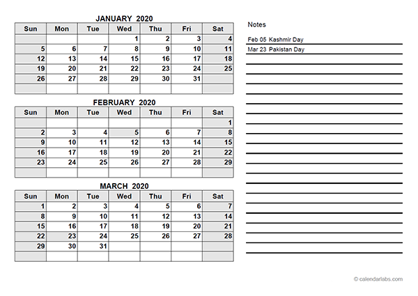 2020 Pakistan Quarterly Calendar Template